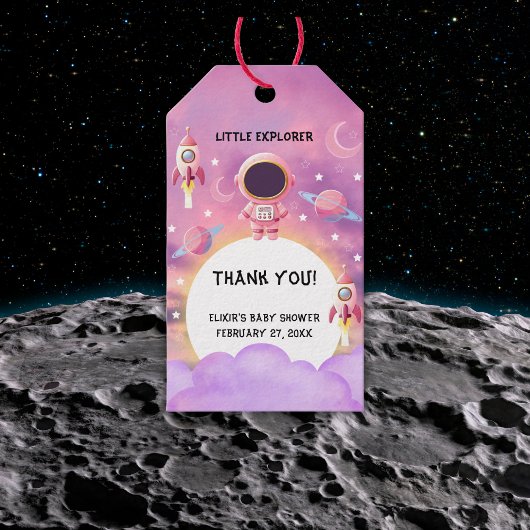 Little Explorer Paarse Baby shower Cadeaulabel