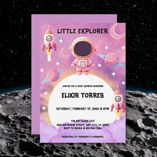 Little Explorer Paarse Baby shower Kaart