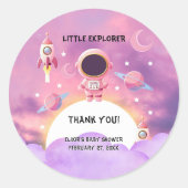 Little Explorer Paarse Baby shower Ronde Sticker (Voorkant)