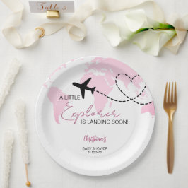Little Explorer Wereldkaart Roze Baby shower Papieren Bordje