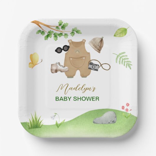 Little Explorer Woodland Forest Hiking Baby Shower Papieren Bordje (Voorkant)