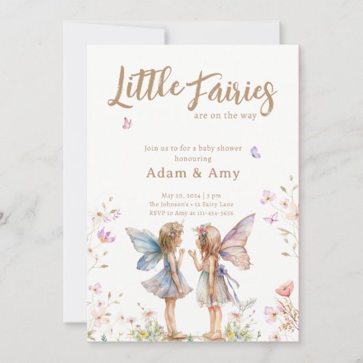 Little Fairies Twin Meisje Baby shower Invitation Kaart (Voorkant)