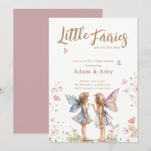 Little Fairies Twin Meisje Baby shower Invitation Kaart (Voorkant / Achterkant)