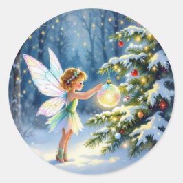 Little Fairy Decorating Christmas Trees Ronde Sticker