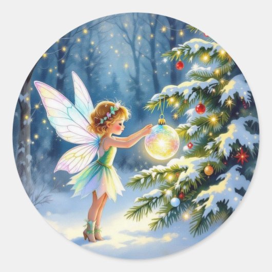 Little Fairy Decorating Christmas Trees Ronde Sticker (Voorkant)