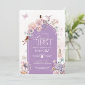 Little Fairy Eerste Verjaardag Roze Paarse Bloemen Kaart (Staand voorkant)