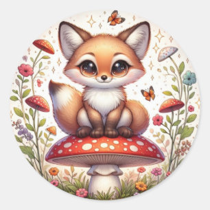 Little Fairy Fox Zittend op een Paddestoel met een Ronde Sticker