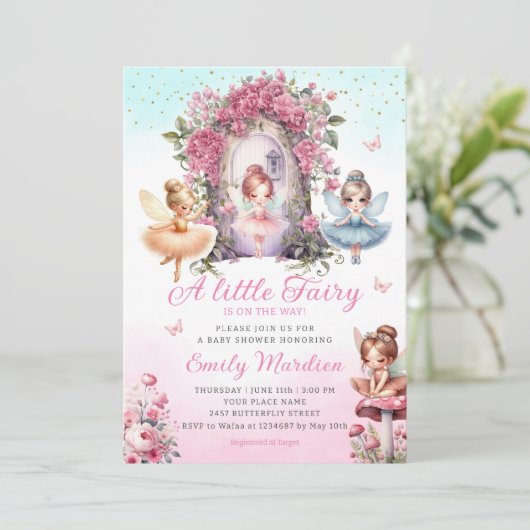 Little Fairy meisje Baby shower Boho roze bloem Kaart (Staand voorkant)