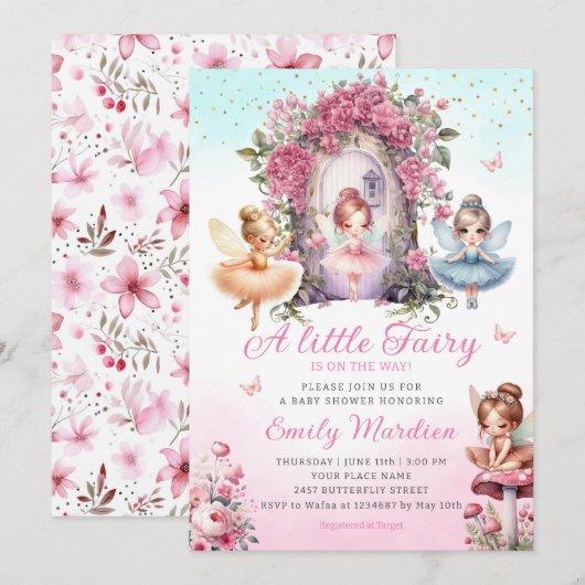 Little Fairy meisje Baby shower Boho roze bloem Kaart (Voorkant / Achterkant)