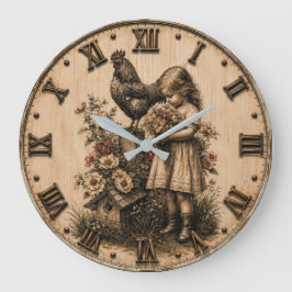 Little Farm Girl & Rooster Rustic Farmhouse Grote Klok