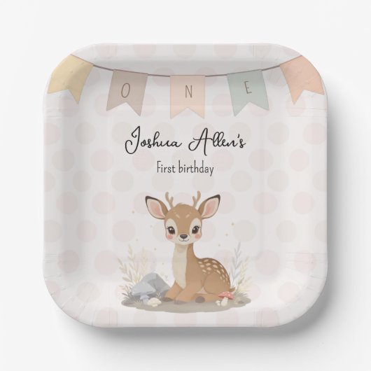 Little Fawn Woodland First Birthday Papieren Bordje (Voorkant)