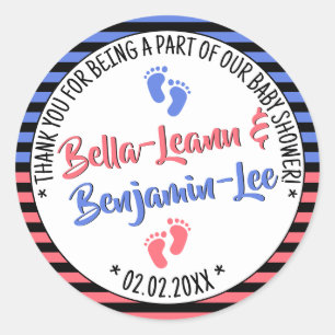 Little Feet Stripes Baby shower Boy and Girl Twins Ronde Sticker
