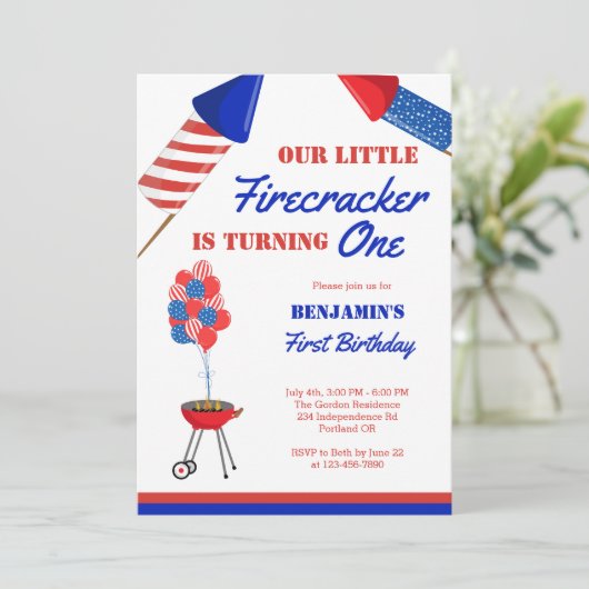 Little Firecracker 1st Birthday 4th Juli Verenigde Kaart (Staand voorkant)