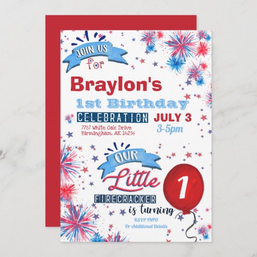 Little Firecracker 1st Birthday Invitation Kaart (Voorkant / Achterkant)