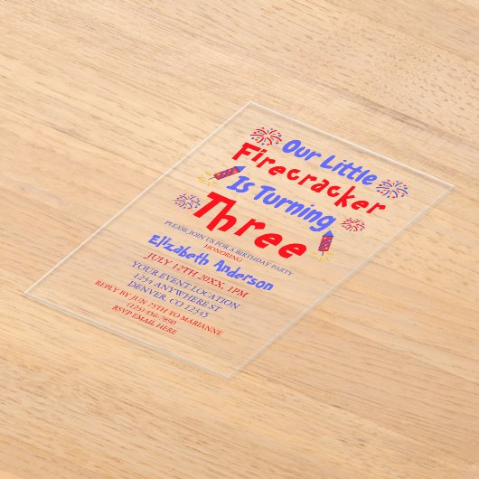 Little Firecracker 3rd Birthday Acryl Uitnodigingen (Laagn)