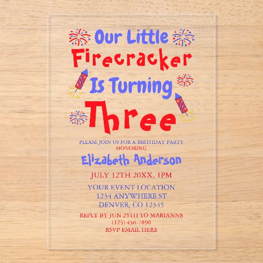 Little Firecracker 3rd Birthday Acryl Uitnodigingen (Voorkant)