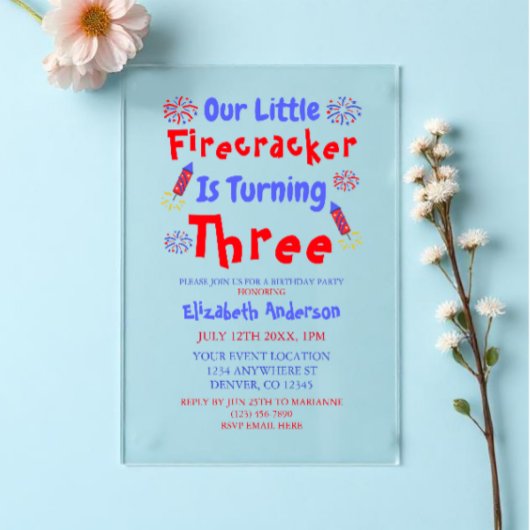 Little Firecracker 3rd Birthday Acryl Uitnodigingen
