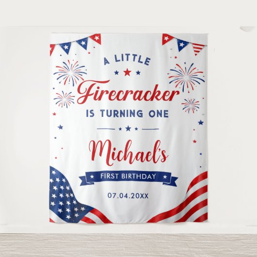 Little Firecracker 4 juli 1e verjaardag banner Wandkleed (Voorkant)