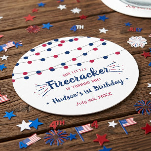 Little Firecracker 4 juli 1e verjaardagsfeestje Ronde Kartonnen Onderzetter