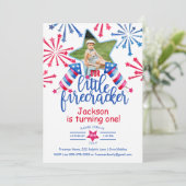 Little Firecracker 4th July Eerste Verjaardag Foto Kaart (Staand voorkant)