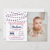 Little Firecracker 4th of Juli Foto 1st Birthday Kaart (Voorkant)