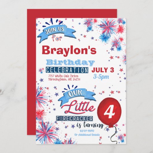 Little Firecracker Juli 4th Birthday Uitnodiging (Voorkant / Achterkant)