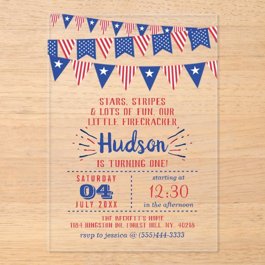 Little Firecracker op 4 juli 1991 Acryl Uitnodigingen (Voorkant)