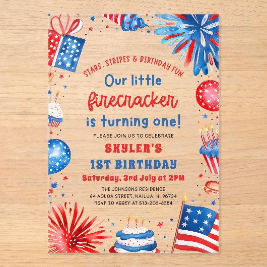Little Firecracker op 4 juli 1991 Acryl Uitnodigingen (Voorkant)