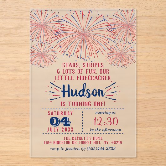 Little Firecracker op 4 juli 1991 Acryl Uitnodigingen (Voorkant)