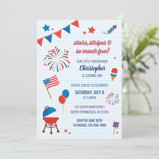 Little Firecracker op 4 juli Birthday Invitation Kaart (Staand voorkant)
