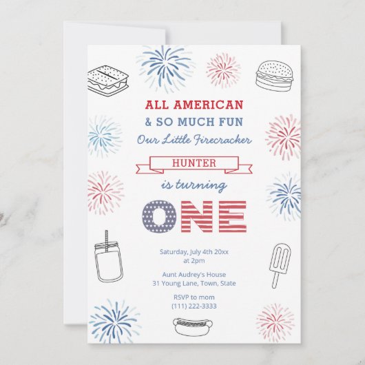 Little Firecracker Red Blue 1st Birthday Party Kaart (Voorkant)