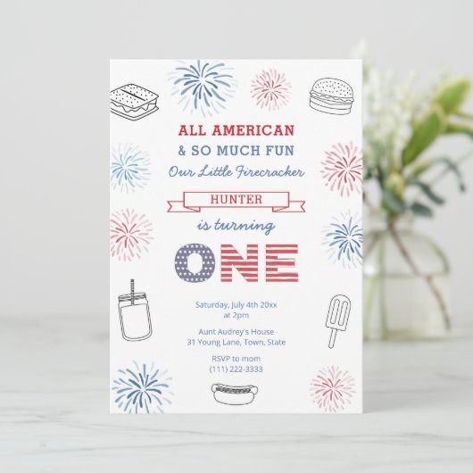 Little Firecracker Red Blue 1st Birthday Party Kaart (Staand voorkant)