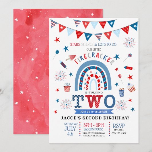 Little Firecracker Red White & Blue Birthday Invit Kaart (Voorkant / Achterkant)