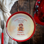 Little Firefighter Teddy Bear Baby Shower  Papieren Bordje<br><div class="desc">Celebrate your newest little hero with these charming firefighter baby shower party decor paper plates featuring an adorable teddy bear dressed in classic red turnout gear. Designed in a soft vintage watercolor style, this creation blends warm firehouse reds, subtle star details, and a coordinating flaming hydrant pattern for a cohesive...</div>
