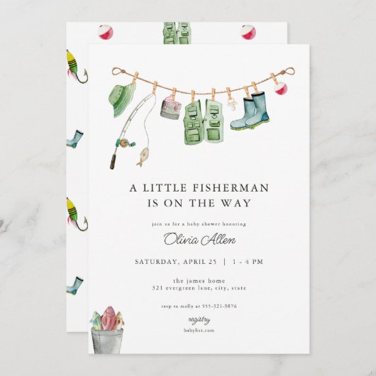 Little Fisherman Baby shower Invitation Kaart (Voorkant / Achterkant)