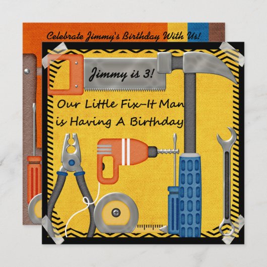 Little Fix-it Man Custom Birthday Invitations Kaart (Voorkant / Achterkant)
