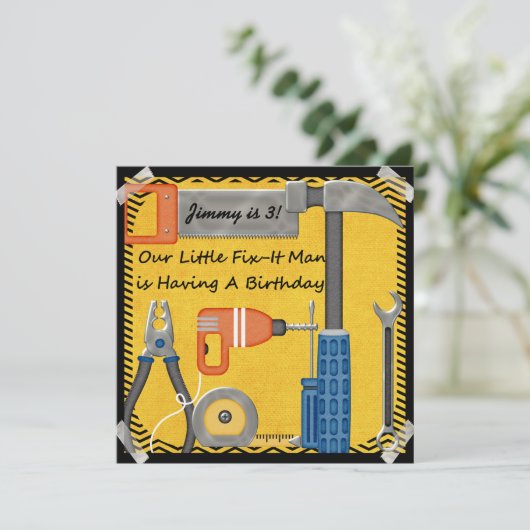 Little Fix-it Man Custom Birthday Invitations Kaart (Staand voorkant)