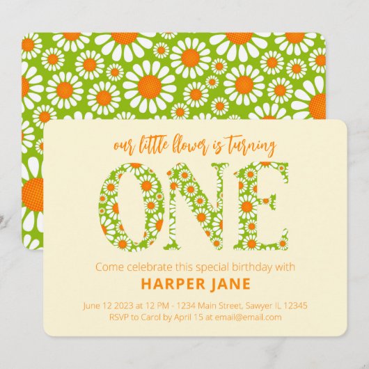 Little Flower Cute Daisy First Birthday Kaart (Voorkant / Achterkant)