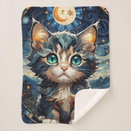 Little Fluffy Kitten Night Sky Glas in lood Sherpa Deken