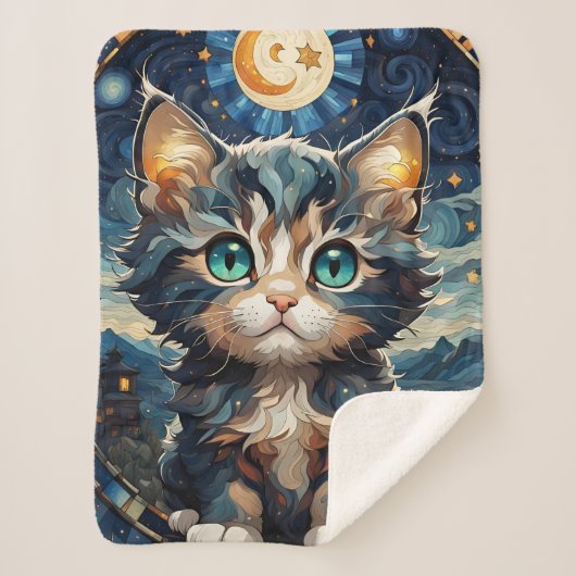 Little Fluffy Kitten Night Sky Glas in lood Sherpa Deken (Voorkant)