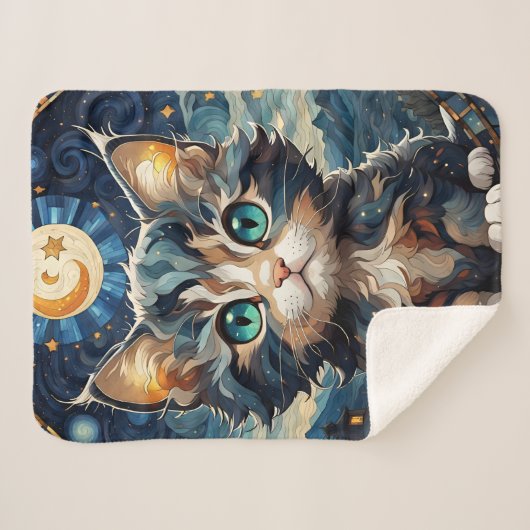 Little Fluffy Kitten Night Sky Glas in lood Sherpa Deken (Voorkant (horizontaal))