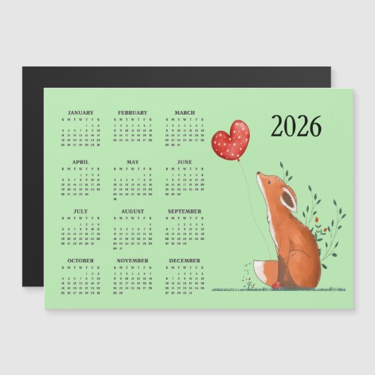 Little Fox Design 2026 Calendar Magnetic Card (Voorkant / Achterkant)