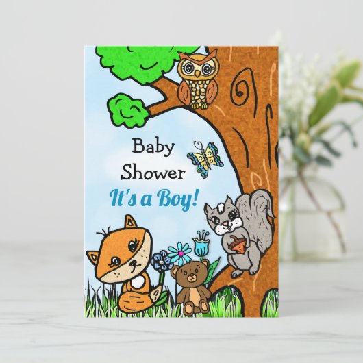 Little Fox en Forest Friends Boy's Baby shower Kaart (Staand voorkant)