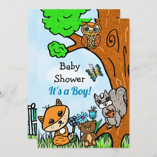 Little Fox en Forest Friends Boy's Baby shower Kaart (Voorkant / Achterkant)