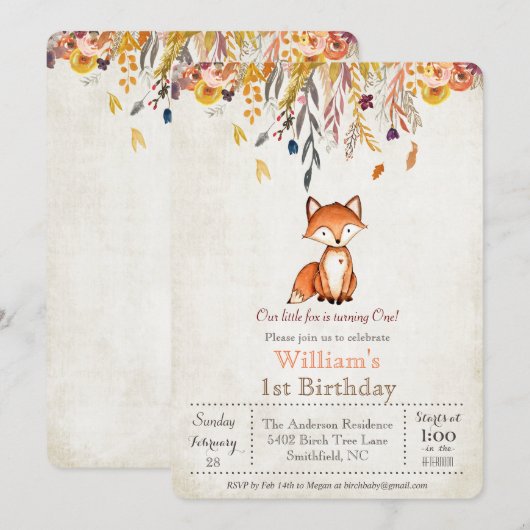 Little Fox Fall 1e verjaardagsuitnodiging Kaart (Voorkant / Achterkant)