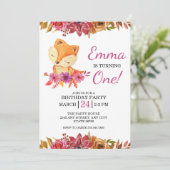 Little Fox Floral 1st Birthday Party Invitation Kaart (Staand voorkant)