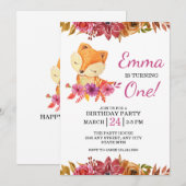Little Fox Floral 1st Birthday Party Invitation Kaart (Voorkant / Achterkant)