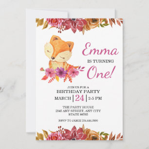 Little Fox Floral 1st Birthday Party Invitation Kaart