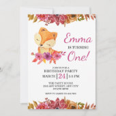 Little Fox Floral 1st Birthday Party Invitation Kaart (Voorkant)