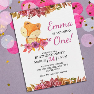 Little Fox Floral 1st Birthday Party Invitation Kaart